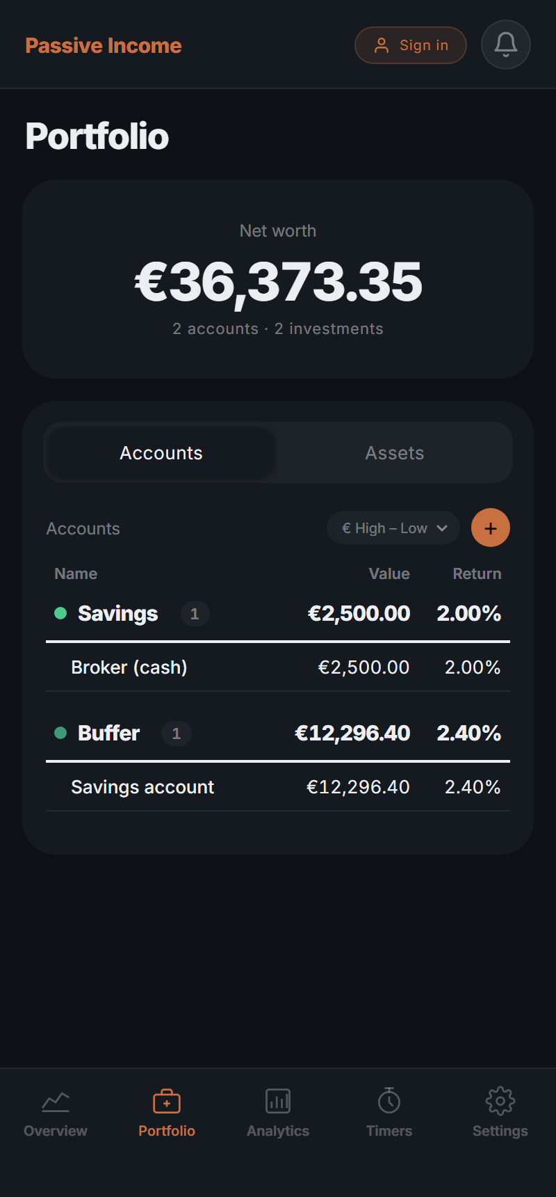 Portfolio overview with accounts, values and returns